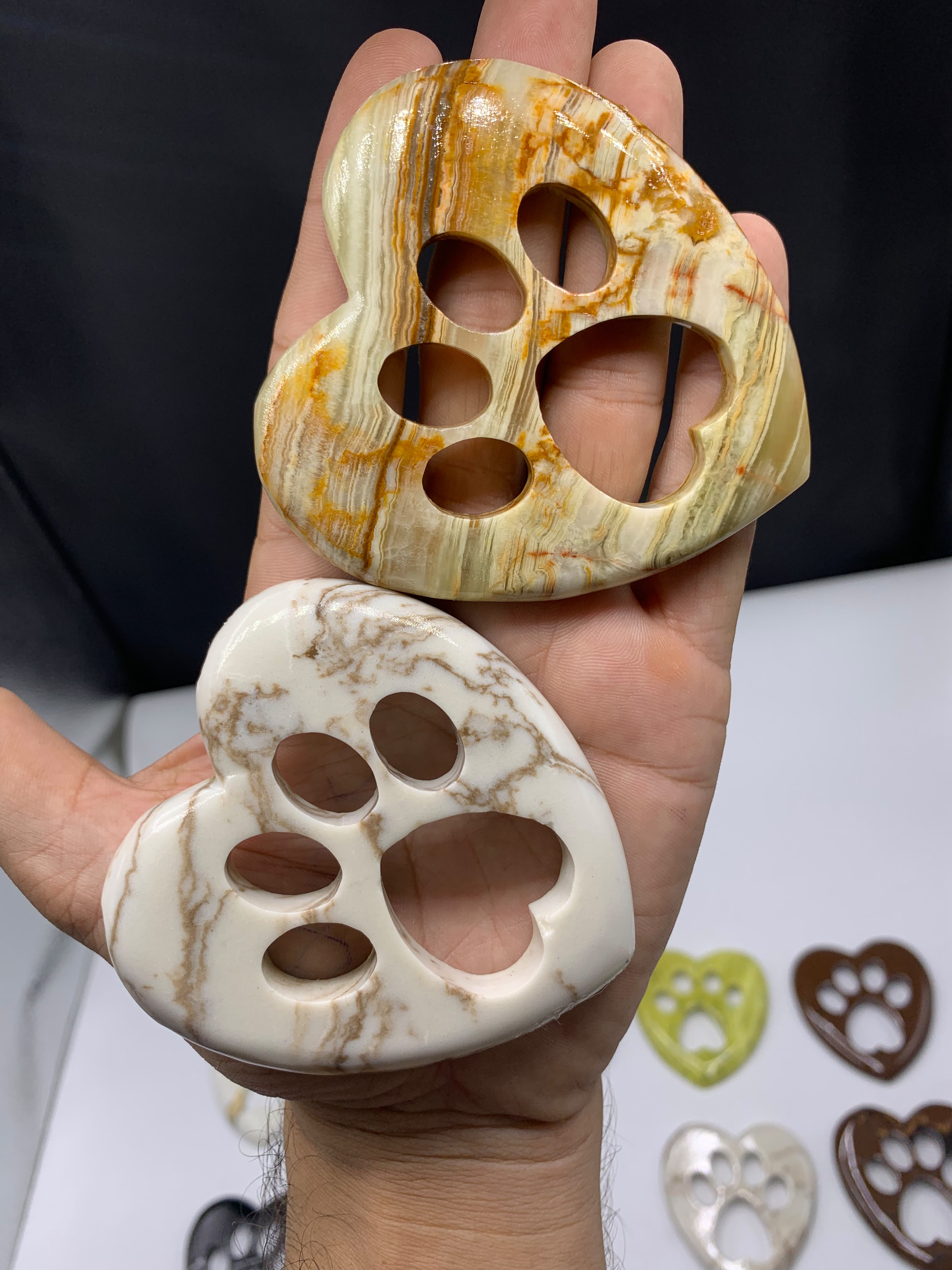 Natural Crystal Heart Paw Carvings - Banded Calcite & Howlite