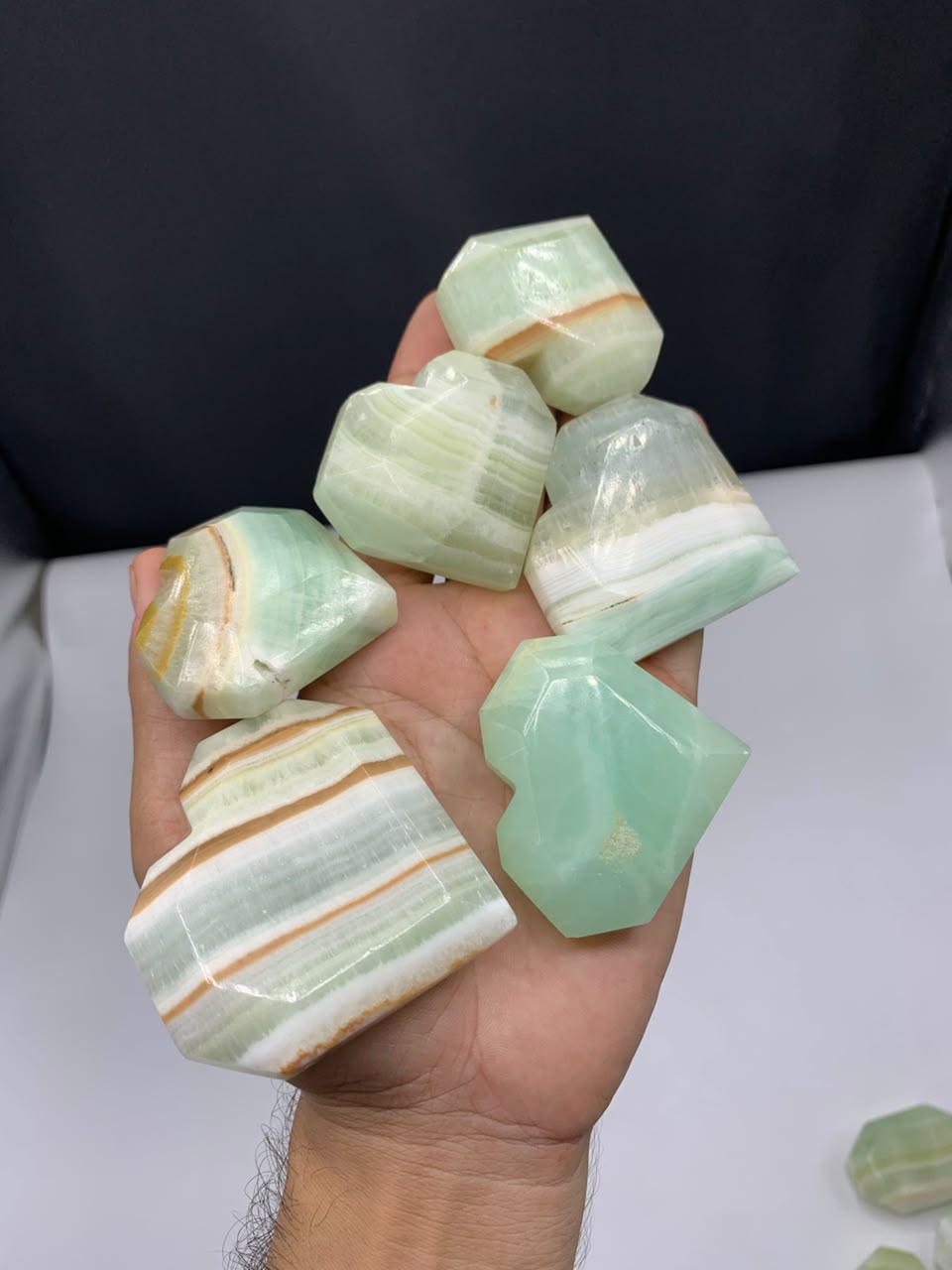 Pistachio Calcite Polished Hearts - Natural Green Stone