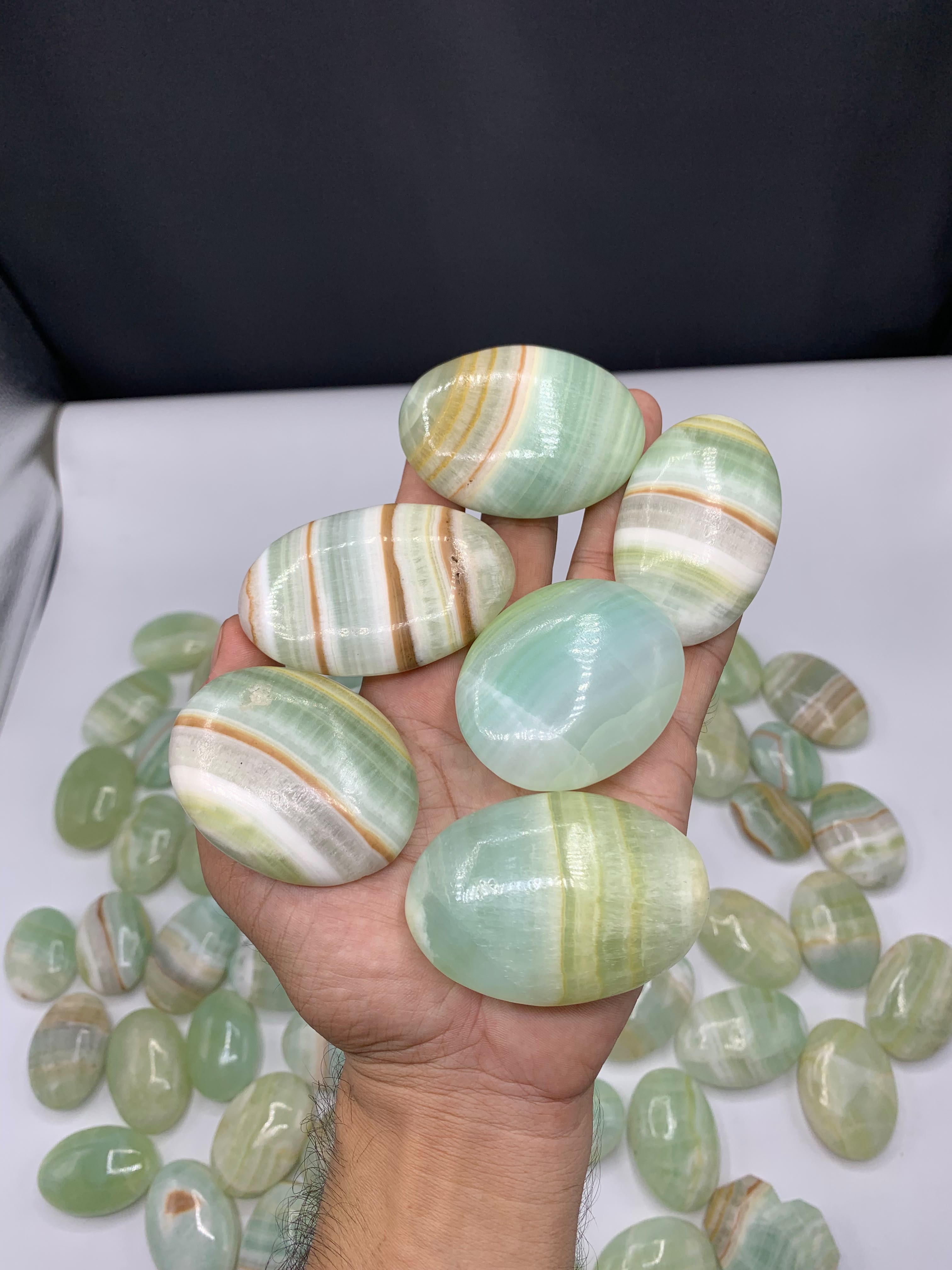 Natural Pistachio Calcite Polished Palmstones - Top Quality