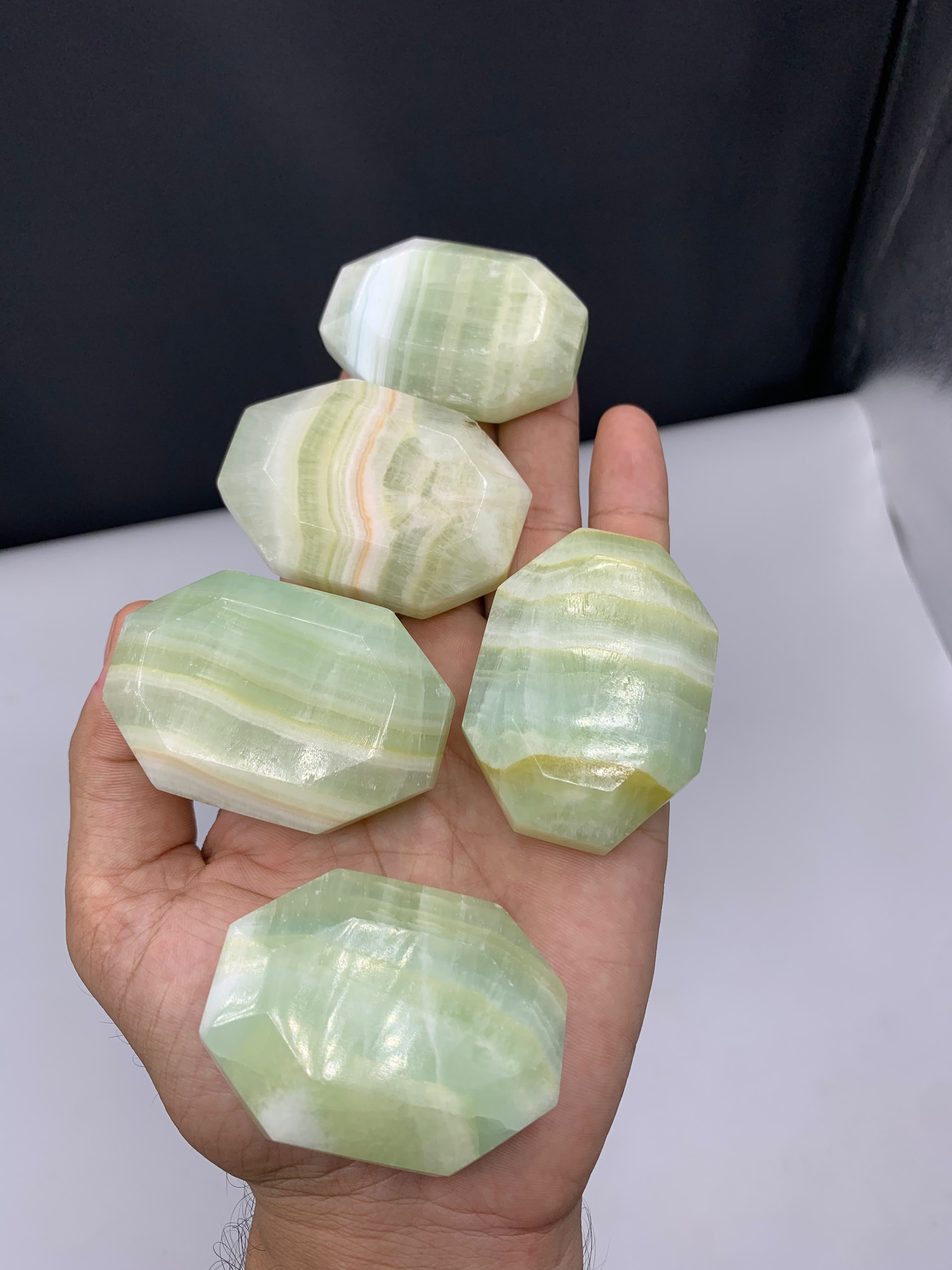 Natural Pistachio Calcite Polished Palmstones - Top Quality thumbnail 2